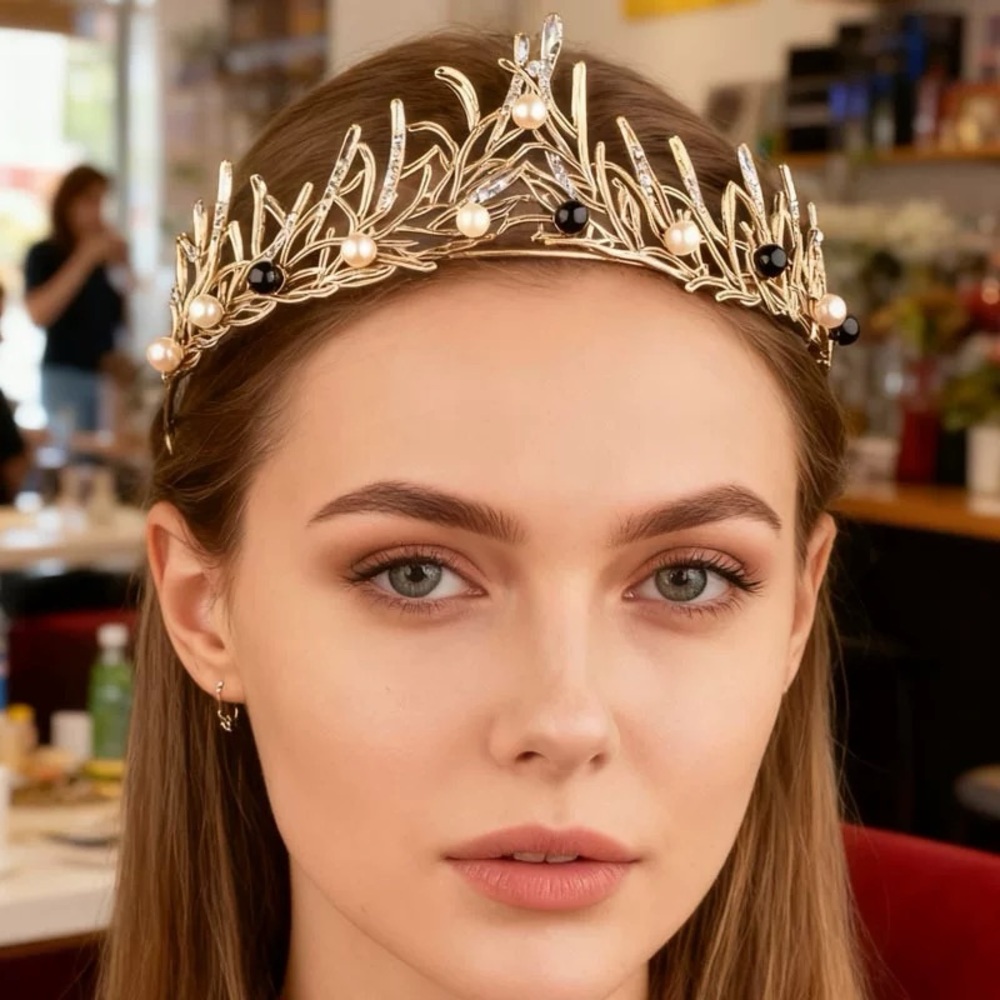 Gold Leaf Pearl and Gem Tiara Headband - Women's Hair Accessory